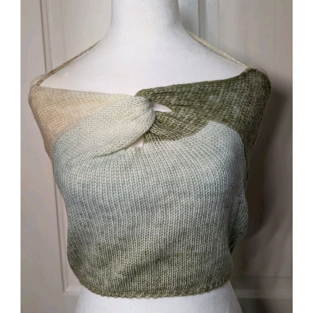 Twist Design Crop Top Sweater Hand Knit Natural Tie Neck Women's Boho S(795)